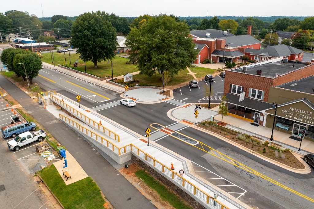 Aerial view of walkways, parking improvements, and widened roads in downtown Spindale.