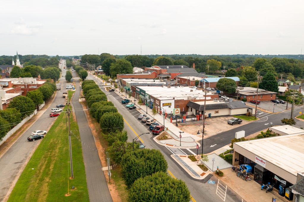 An aerial view of downtown Spindale highlighting many of the improvements made to the streetscape during the downtown revitalization project.
