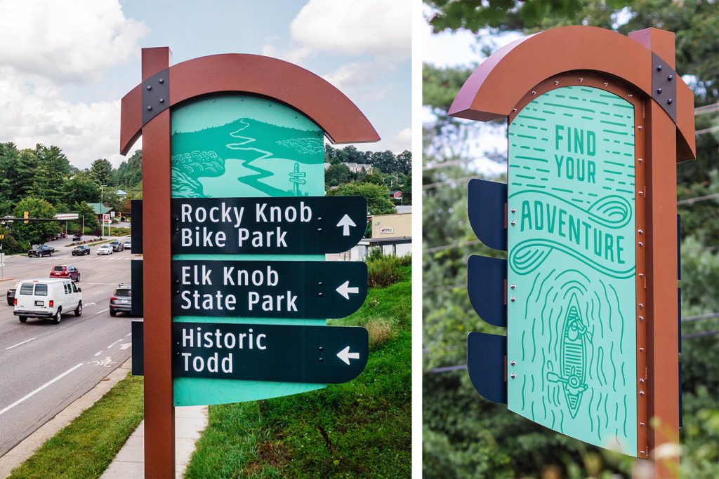 a split image, showing the front and back of the Watauga County wayfinding signs. The wayfinding signs are green and feature popular outdoor attractions and recreational activities.